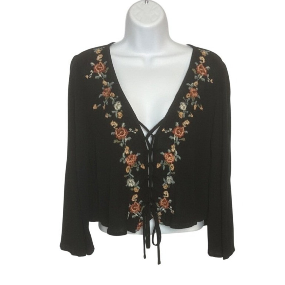 American Eagle Womens XS Blouse Black Floral Embroidered Boho Peasant Tie‎ Top